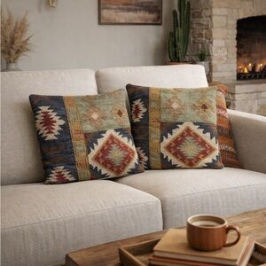Southwest Kilim Wool Pillow Covers Set of 2 18” Square Tribal Boho Rustic